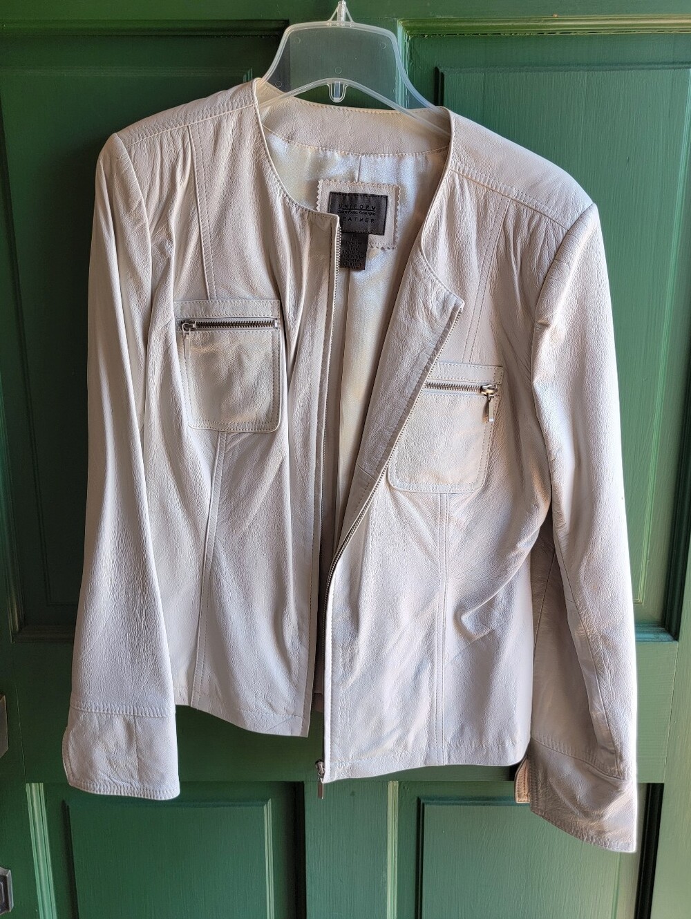 Vintage Leather Zip-Pocket Jacket - Light Beige Sz 14